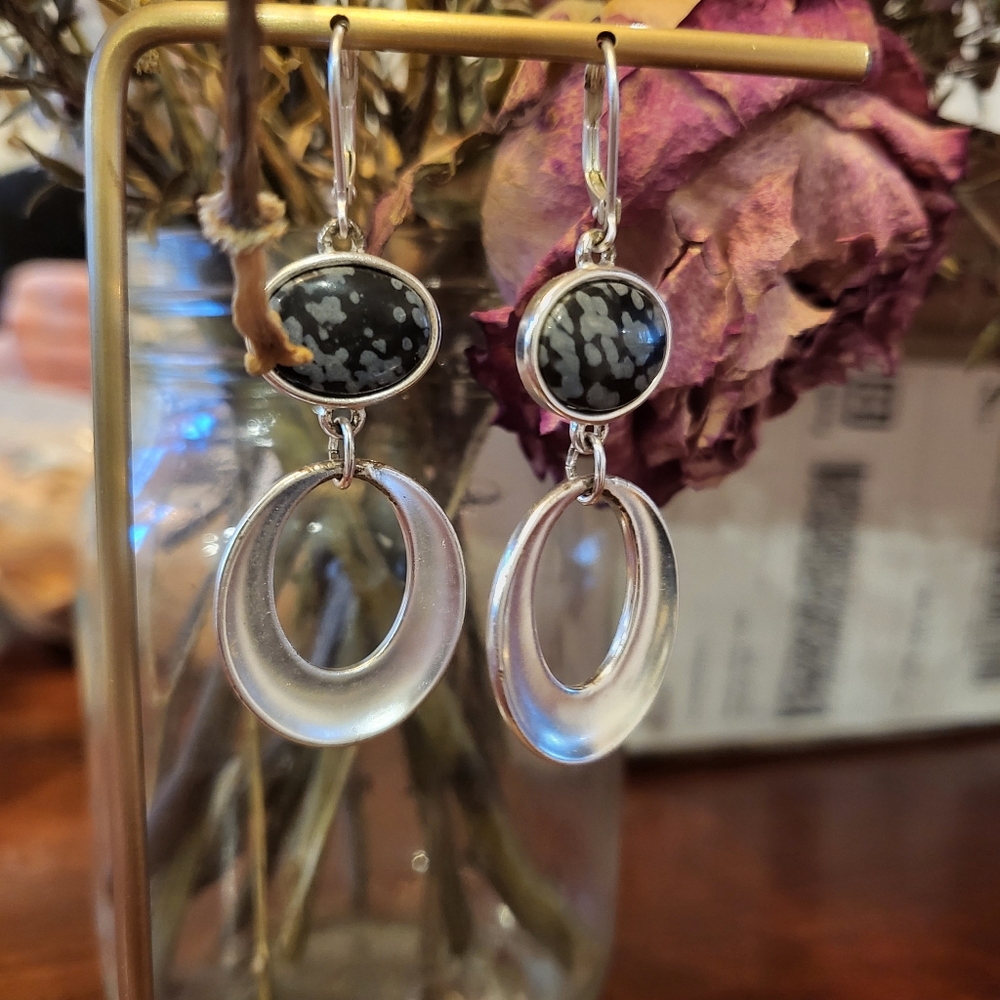 Earrings minimalist contemporary silvertone with black speckled oval stone